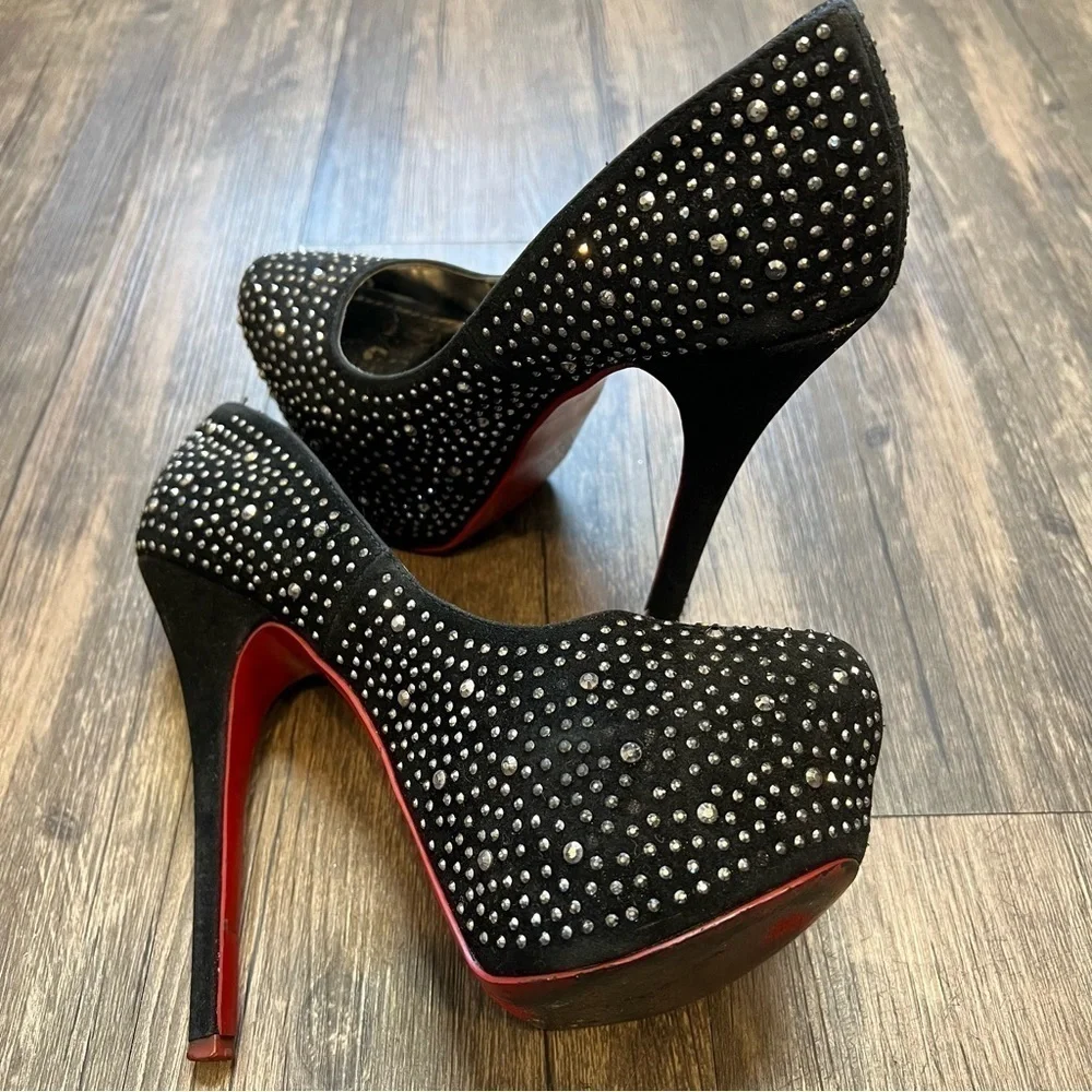 Alba Red Sole Black Suede Silver Rhinestone Platform Stiletto High Heels 8.5